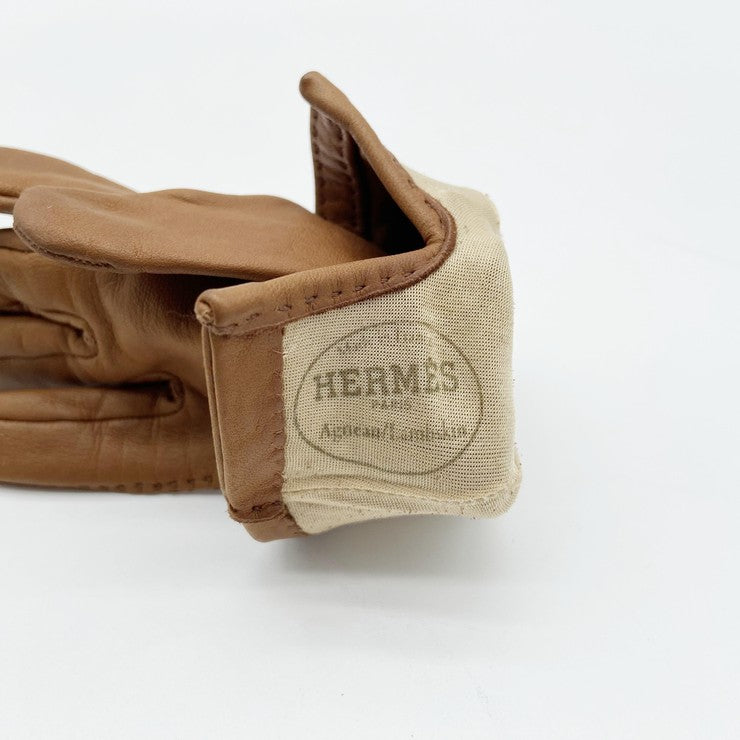 HERMES エルメス グローブ 手袋 Ｈロゴ ブラウン レザー レディース シルバー金具