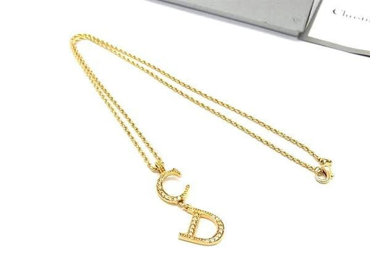 Christian Dior クリスチャンディオール ネックレス スウィングペンダント ゴールド系 メタル ラインストーン レディース CDロゴ 超美品