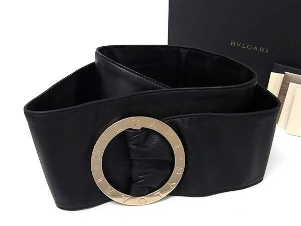 BVLGARI ブルガリ ベルト ブルガリブルガリ タンゴ TANGO ワイドサドルベルト ブラック系 レザー レディース サークル ロゴバックル ゴールド金具 超美品