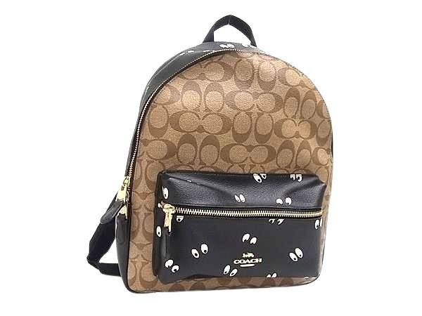 COACH コーチ リュックサック ディズニー × コーチ ミディアム チャーリー バックパック シグネチャー キャンバス ウィズ 白雪姫 アイズ プリント F72816 ブラウン系×ブラック系 PVC レディース ゴールド金具 超美品
