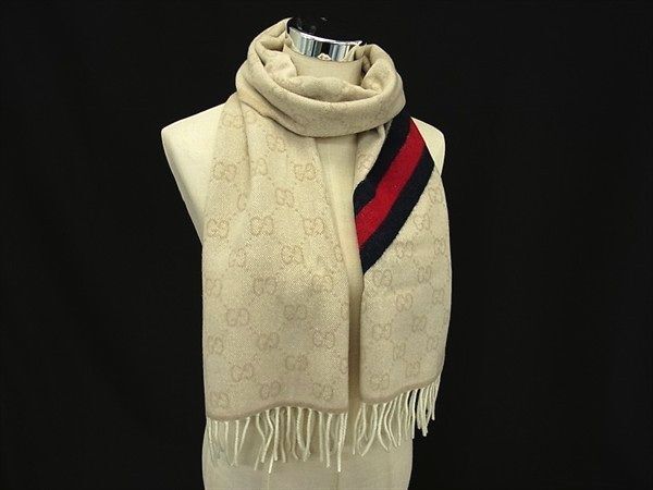 GUCCI グッチ マフラー シェリーライン 570603 アイボリー ウール100% ユニセックス GG柄 美品