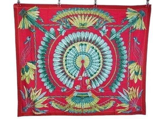 HERMES エルメス パレオ マルチカラー コットン100％ レディース 孔雀柄 超美品