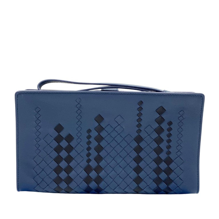 BOTTEGA VENETA ボッテガ ヴェネタ クラッチバッグ イントレチャート マイクロマクロ ブルー レザー メンズ 美品