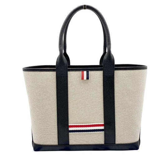 THOM BROWNE トム ブラウン ハンドバッグ スモール ツール トートバッグ MAG390AF0492 001 ベージュ ブラック キャンバス レザー ユニセックス 美品