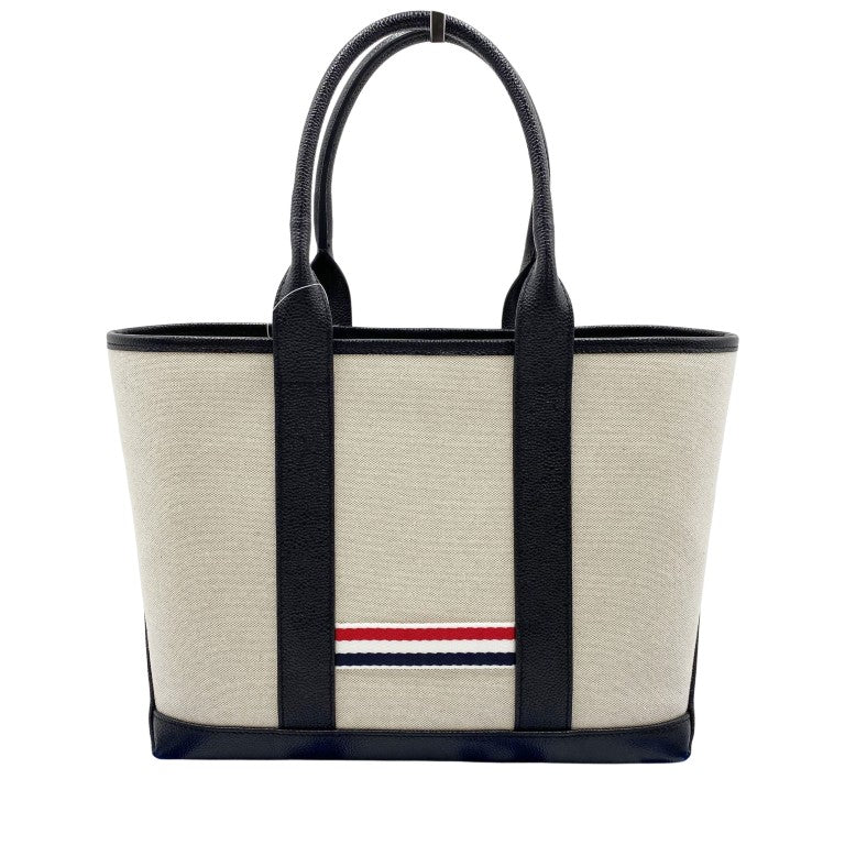 THOM BROWNE トム ブラウン ハンドバッグ スモール ツール トートバッグ MAG390AF0492 001 ベージュ ブラック キャンバス レザー ユニセックス 美品