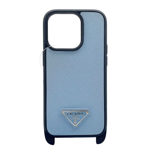PRADA プラダ スマートフォンケース トライアングルロゴ 1ZH172 セレステ（ブルー系） サフィアーノ ユニセックス iPhone14用 三角ロゴプレート 美品