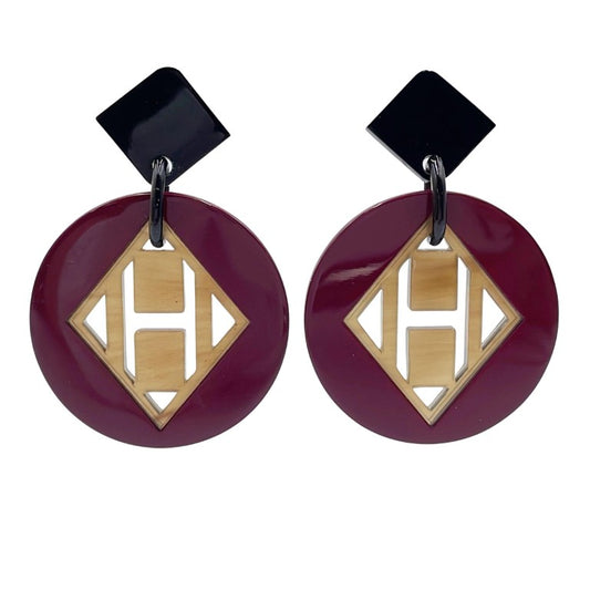 HERMES エルメス ピアス Hモチーフ パープル系 ブラウン系 バッファローホーン ラッカーウッド レディース