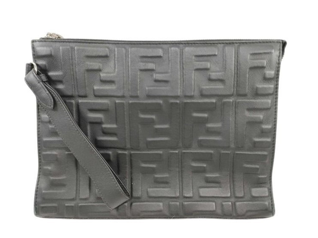 FENDI フェンディ クラッチバッグ ズッカ 7VA491 ブラック系 レザー メンズ セカンドバッグ シルバー金具 美品
