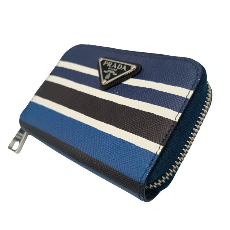 PRADA プラダ コインケース トライアングルロゴ 2MM003 ブルー ブラック ホワイト系 SAFFIANO BAIADE ユニセックス ラウンドファスナー シルバー金具 ストライプ 三角ロゴ 超美品