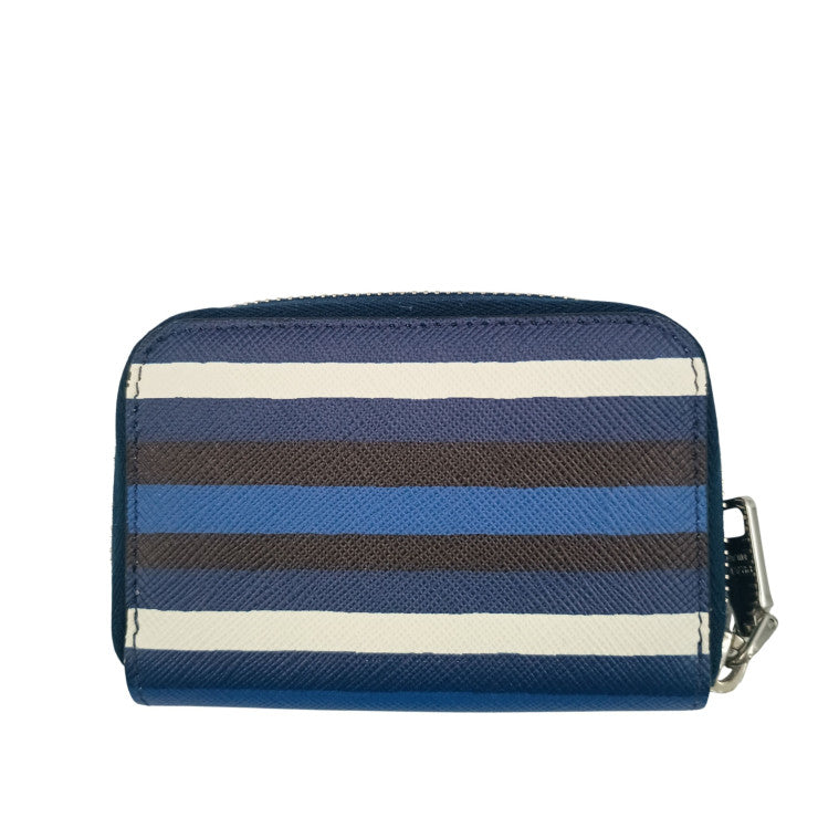 PRADA プラダ コインケース トライアングルロゴ 2MM003 ブルー ブラック ホワイト系 SAFFIANO BAIADE ユニセックス ラウンドファスナー シルバー金具 ストライプ 三角ロゴ 超美品
