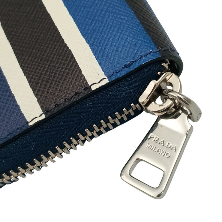 PRADA プラダ コインケース トライアングルロゴ 2MM003 ブルー ブラック ホワイト系 SAFFIANO BAIADE ユニセックス ラウンドファスナー シルバー金具 ストライプ 三角ロゴ 超美品