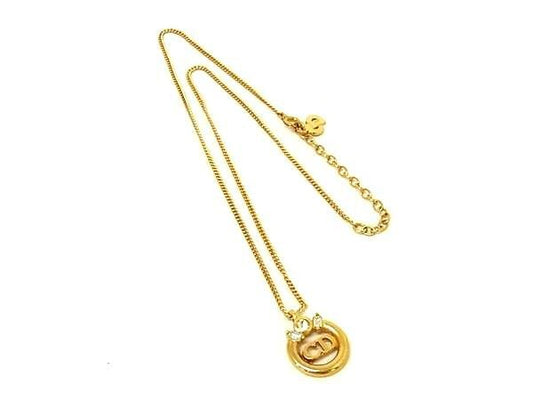 Christian Dior クリスチャンディオール ネックレス サークル CDロゴ ゴールド系 メタル ラインストーン レディース ヴィンテージ 超美品