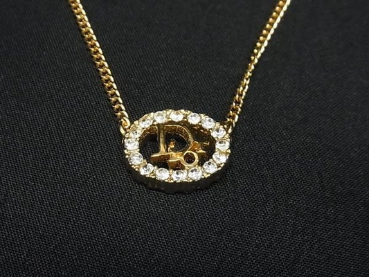 Christian Dior クリスチャンディオール ネックレス ロゴ ゴールド系 メタル ラインストーン レディース ヴィンテージ 超美品