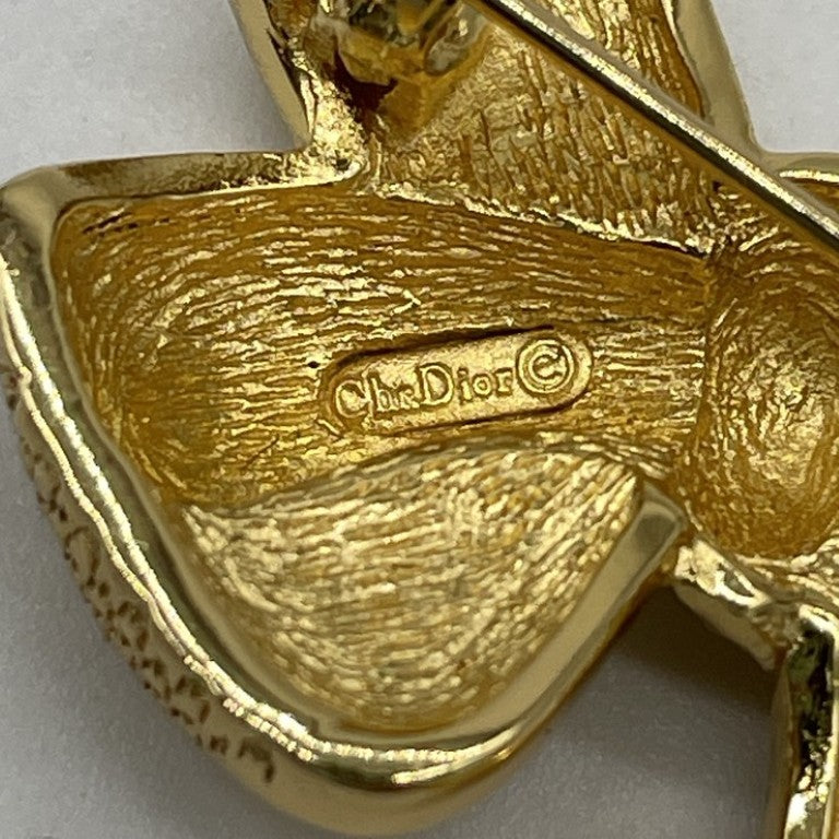 Christian Dior クリスチャンディオール ブローチ リボン ゴールド系 メタル レディース ラインストーン 美品