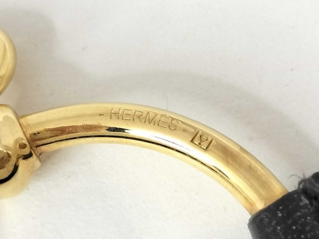 HERMES エルメス ピアス ループグラン ブラック ゴールド系 メタル レザー レディース 美品