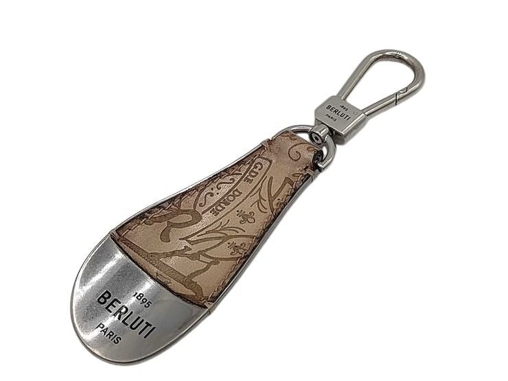 Berluti ベルルッティ シューホーン キーホルダー カリグラフィ シルバー ブラウン メタル スクリットレザー メンズ 美品