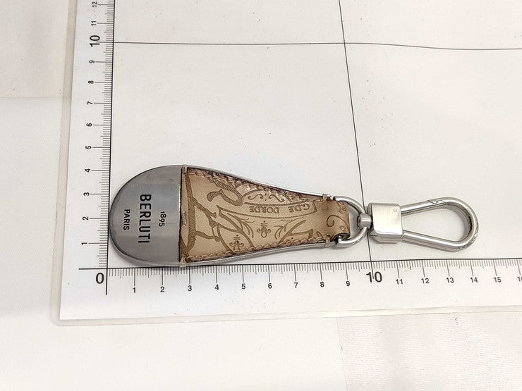 Berluti ベルルッティ シューホーン キーホルダー カリグラフィ シルバー ブラウン メタル スクリットレザー メンズ 美品