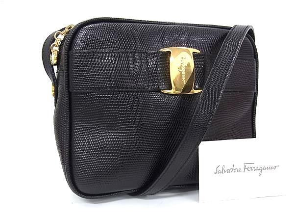 Salvatore Ferragamo フェラガモ ショルダーバッグ ヴァラ 21 3096 ブラック系 型押しカーフレザー レディース ゴールド金具 ポシェット 美品