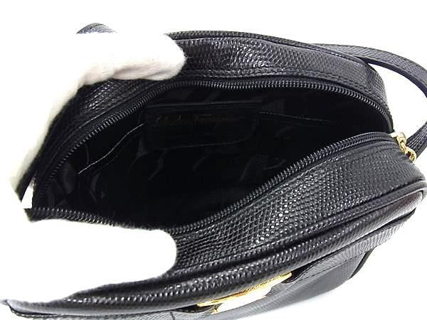 Salvatore Ferragamo フェラガモ ショルダーバッグ ヴァラ 21 3096 ブラック系 型押しカーフレザー レディース ゴールド金具 ポシェット 美品