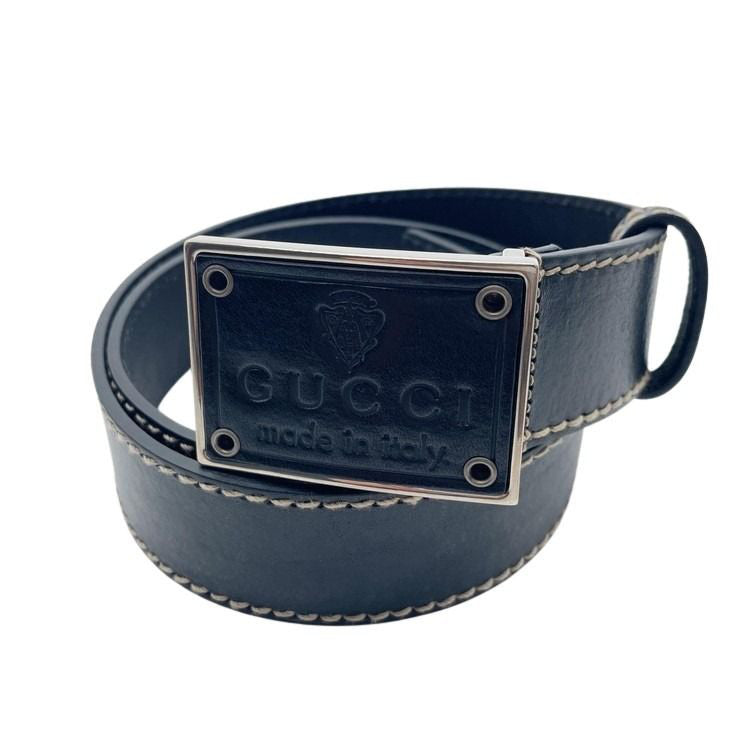 GUCCI グッチ ベルト クレスト プレート 189809 ブラック系 レザー メンズ シルバー金具 #85 美品