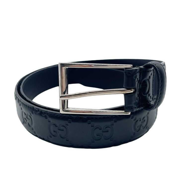 GUCCI グッチ ベルト グッチシマ 474313 ブラック系 レザー メンズ GGアイコン シルバー金具 #95 美品