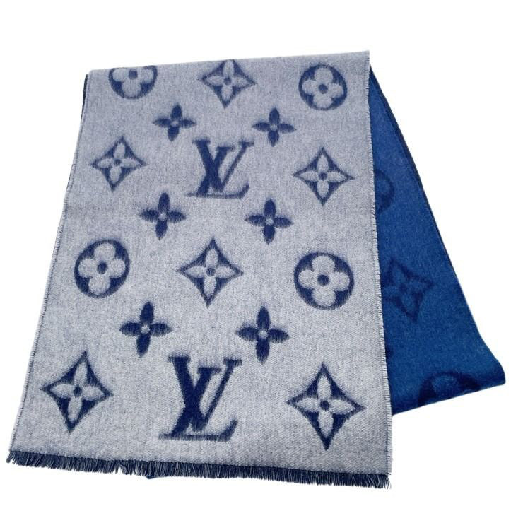 LOUIS VUITTON ルイヴィトン マフラー エシャルプ モノグラム ドーン トゥ ダスク M76826 グレー×ブルー×ネイビー系 カシミヤ100% メンズ グラデーションカラー 超美品