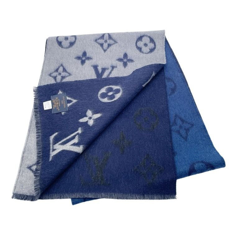 LOUIS VUITTON ルイヴィトン マフラー エシャルプ モノグラム ドーン トゥ ダスク M76826 グレー×ブルー×ネイビー系 カシミヤ100% メンズ グラデーションカラー 超美品