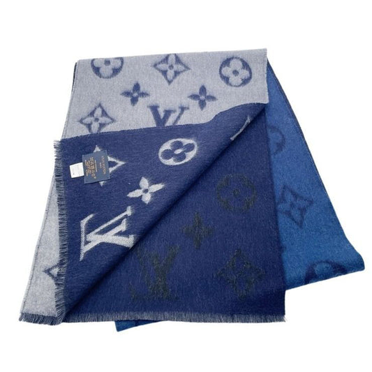 LOUIS VUITTON ルイヴィトン マフラー エシャルプ モノグラム ドーン トゥ ダスク M76826 グレー×ブルー×ネイビー系 カシミヤ100% メンズ グラデーションカラー 超美品