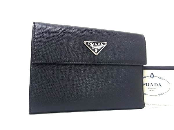 PRADA プラダ 三つ折り財布 トライアングルロゴ M510A ブラック系 サフィアーノレザー レディース シルバー金具 美品