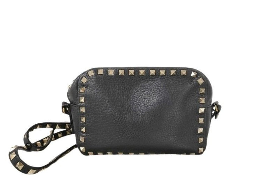 Valentino Garavani ヴァレンチノ ガラヴァーニ ショルダーバッグ ロックスタッズ スモール カメラバッグ ブラック系 レザー レディース シルバー金具 美品