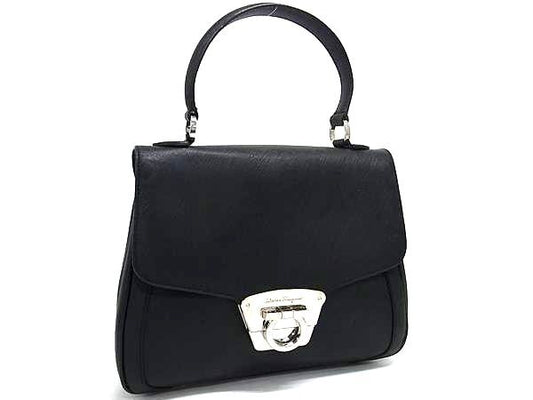 Salvatore Ferragamo フェラガモ ハンドバッグ ガンチーニ BW21 7000 ブラック レザー レディース シルバー金具 超美品