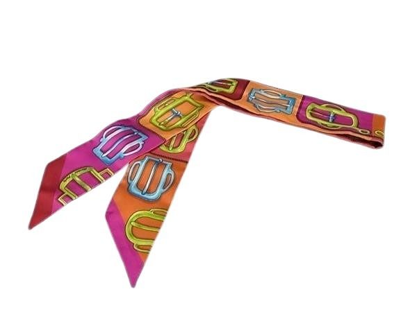 HERMES エルメス リボンスカーフ ツイリー マルチカラー シルク100％ レディース BOUCLERIE D ATTELAGE アトラージュのバックル 美品