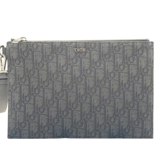 Christian Dior ディオール クラッチバッグ オブリーク ブラック系 キャンバス×レザー ユニセックス セカンドバッグ シルバー金具 美品