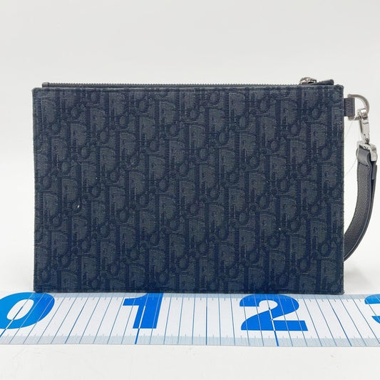 Christian Dior ディオール クラッチバッグ オブリーク ブラック系 キャンバス×レザー ユニセックス セカンドバッグ シルバー金具 美品
