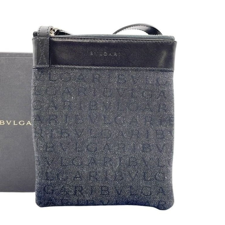 BVLGARI ブルガリ ショルダーバッグ ロゴマニア 21527 ブラック ブルー系 レザー×デニム レディース シルバー金具 美品