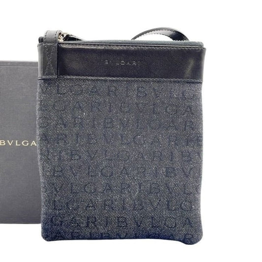 BVLGARI ブルガリ ショルダーバッグ ロゴマニア 21527 ブラック ブルー系 レザー×デニム レディース シルバー金具 美品
