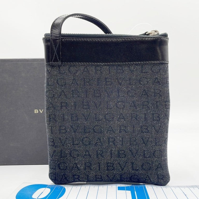 BVLGARI ブルガリ ショルダーバッグ ロゴマニア 21527 ブラック ブルー系 レザー×デニム レディース シルバー金具 美品