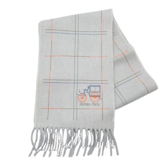 HERMES エルメス マフラー クラン・ブロデ・ベルリンヌ H259149S 01 グレー系 カシミヤ100％ ユニセックス 美品