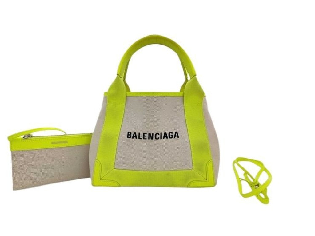BALENCIAGA バレンシアガ ハンドバッグ ネイビーカバスXS 390346 イエロー系 ベージュ キャンバスxレザー レディース 2WAY 美品