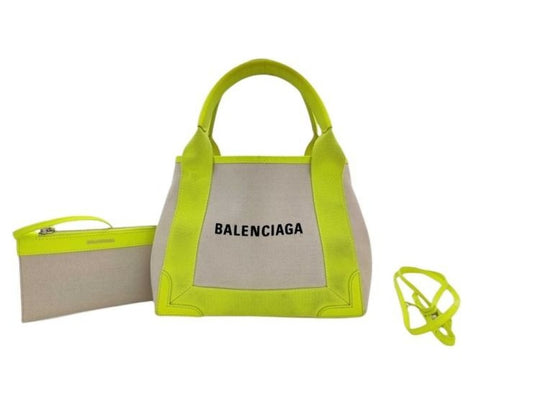 BALENCIAGA バレンシアガ ハンドバッグ ネイビーカバスXS 390346 イエロー系 ベージュ キャンバスxレザー レディース 2WAY 美品