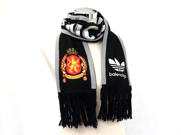BALENCIAGA バレンシアガ マフラー adidasコラボ サッカースカーフ 724010 ブラック マルチカラー アクリル50％ ウール50％ ユニセックス フリンジ 美品
