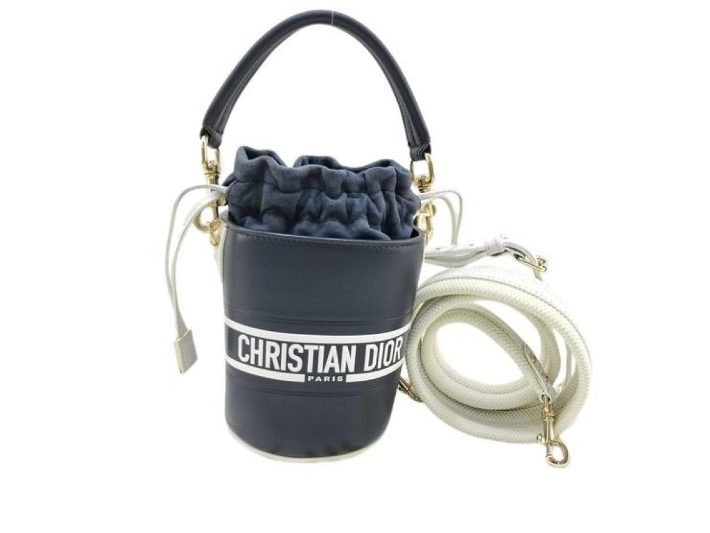 Christian Dior ディオール ハンドバッグ バケット ヴァイブ ショルダーバッグ ネイビー ホワイト系 レザー レディース ゴールド金具 美品