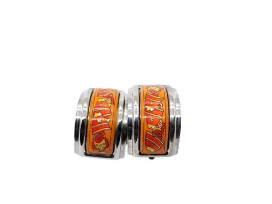 HERMES エルメス イヤリング エマイユ オレンジ系 シルバー メタル 七宝焼き レディース 美品