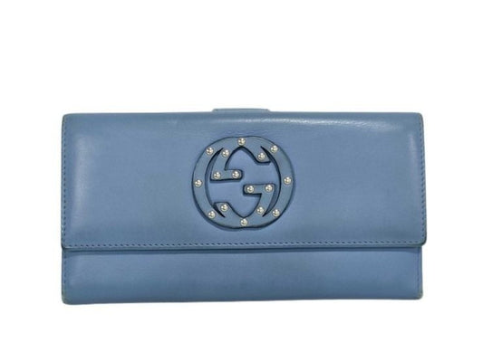 GUCCI グッチ 長財布 インターロッキングG 231843 ブルー系 レザー レディース スタッズ Ｗホック 二つ折り 美品