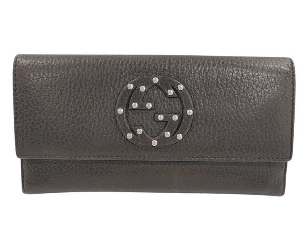 GUCCI グッチ 長財布 インターロッキングG 231843 ブラウン系 レザー ユニセックス スタッズ Ｗホック 二つ折り 美品