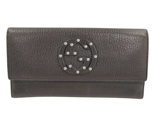 GUCCI グッチ 長財布 インターロッキングG 231843 ブラウン系 レザー ユニセックス スタッズ Ｗホック 二つ折り 美品