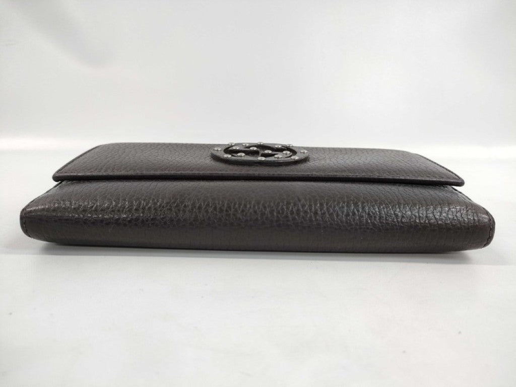 GUCCI グッチ 長財布 インターロッキングG 231843 ブラウン系 レザー ユニセックス スタッズ Ｗホック 二つ折り 美品