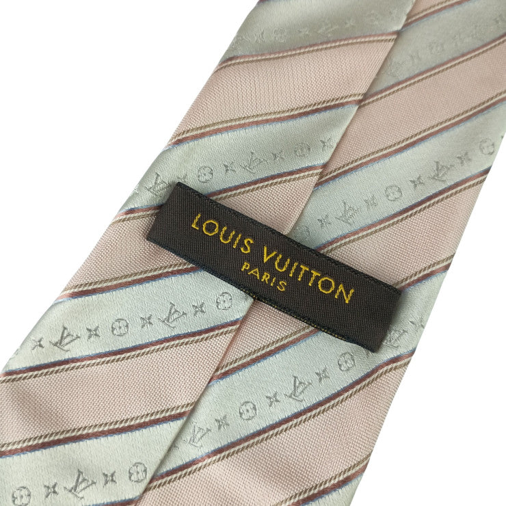 LOUIS VUITTON ルイヴィトン ネクタイ クラヴァット ピンク系×シルバー系 シルク100％ メンズ モノグラム ストライプ 美品