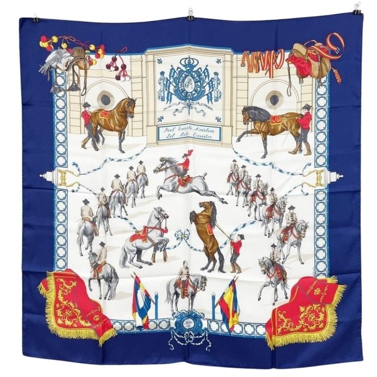 HERMES エルメス スカーフ カレ90 マルチカラー系 シルク100％ レディース Real Escuela Andaluza del Arte Ecuestre 王立アンダルシア馬術学校 大判 美品