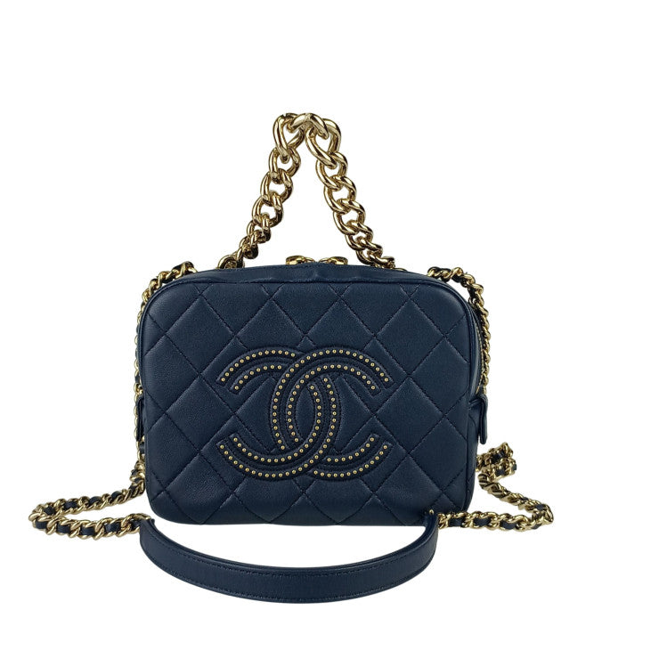 CHANEL シャネル ショルダーバッグ スモール ヴァニティー ケース AS1513 ネイビー ラムスキン レディース チェーン マトラッセ ココマーク スタッズ 美品